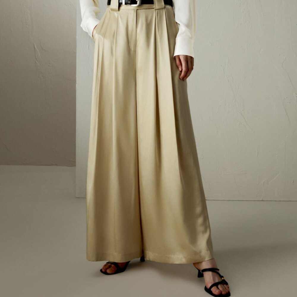 LilySilk Watershine Beige Silk Wide Leg Pants Size 2